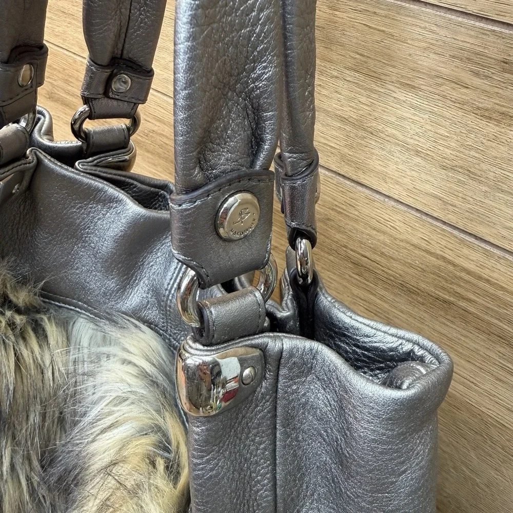 B Makowsky Nora Tote Faux Fur Silver Leather Shoulder Bag Y2K Hobo Satchel